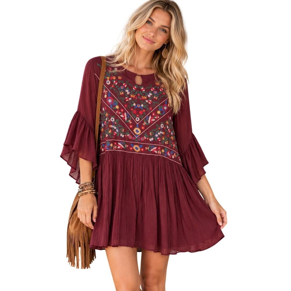 Umgee Floral Embroidered Dress Womens Medium Burgundy Bell Sleeve Boho Tunic